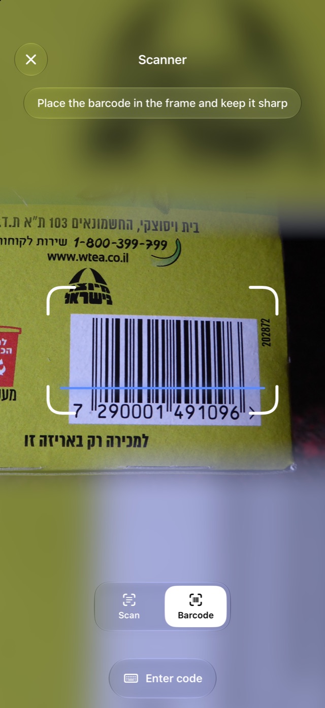 Barcode scanner framing the barcode on a food package