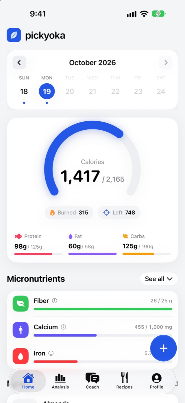 Pickyoka home screen showing 1,417 of 2,165 calories eaten today, with protein, fat and carbs progress
