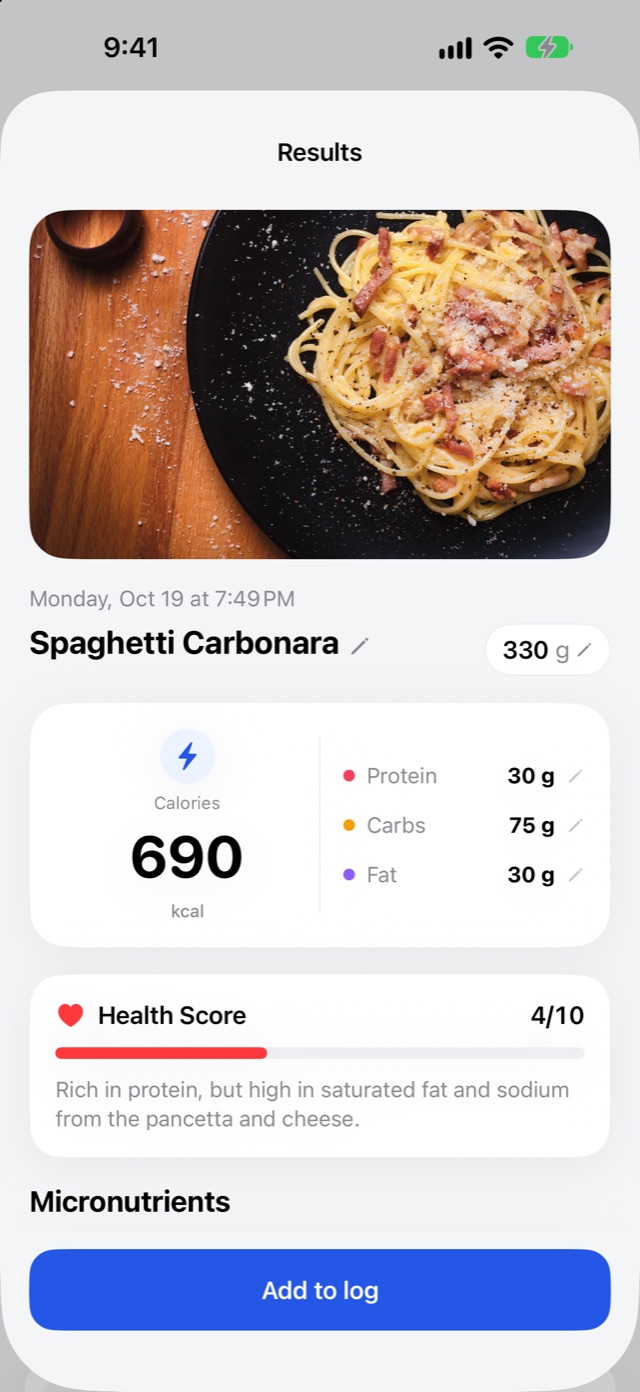Scan result for spaghetti carbonara: 690 kcal, 30 g protein, 75 g carbs, 30 g fat and a health score of 4 out of 10